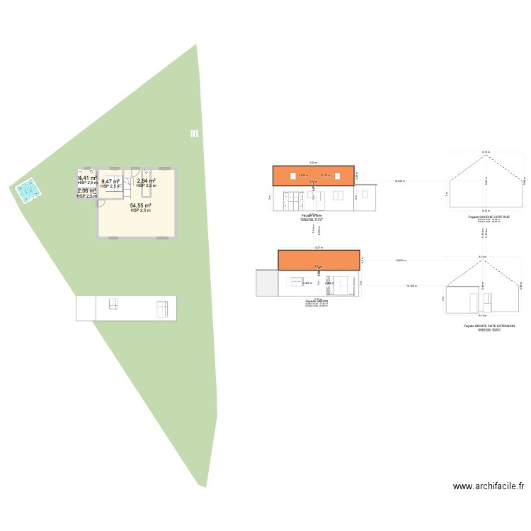 PLAN AVEC FACADES. Plan de 5 pièces et 73 m2