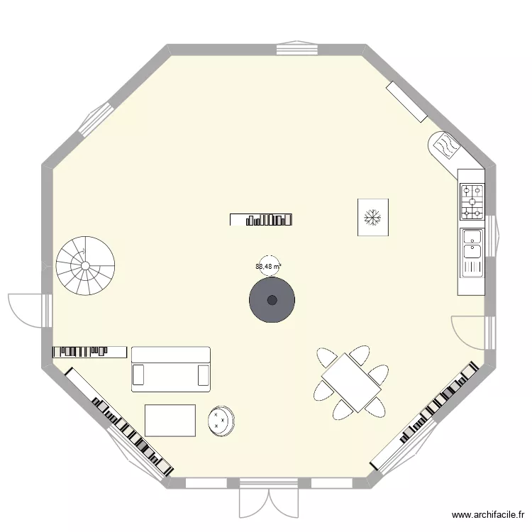 plan maison octogonale 2. Plan de 1  et 88 m²