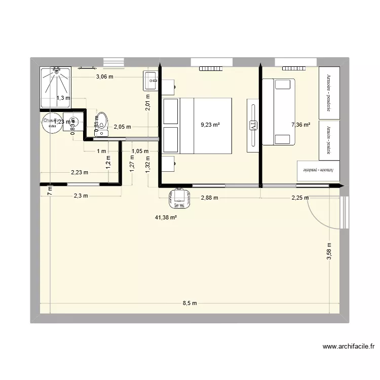 mami. Plan de 3  et 58 m²
