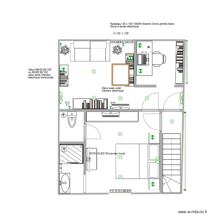 Chambre & salon 1 fenetre sans couloir. Plan de 5 pièces et 37 m2