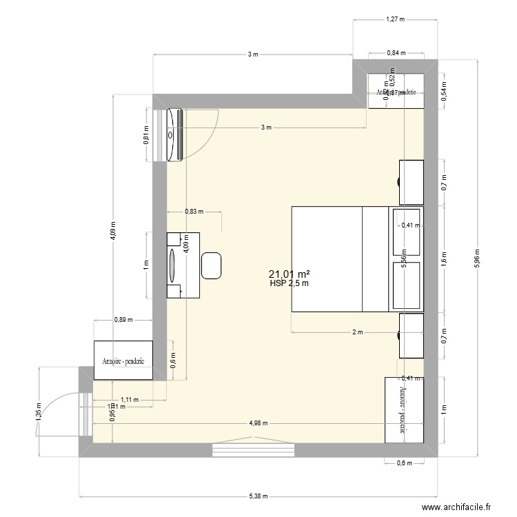 Chambre parentale. Plan de 1 pièce et 21 m2
