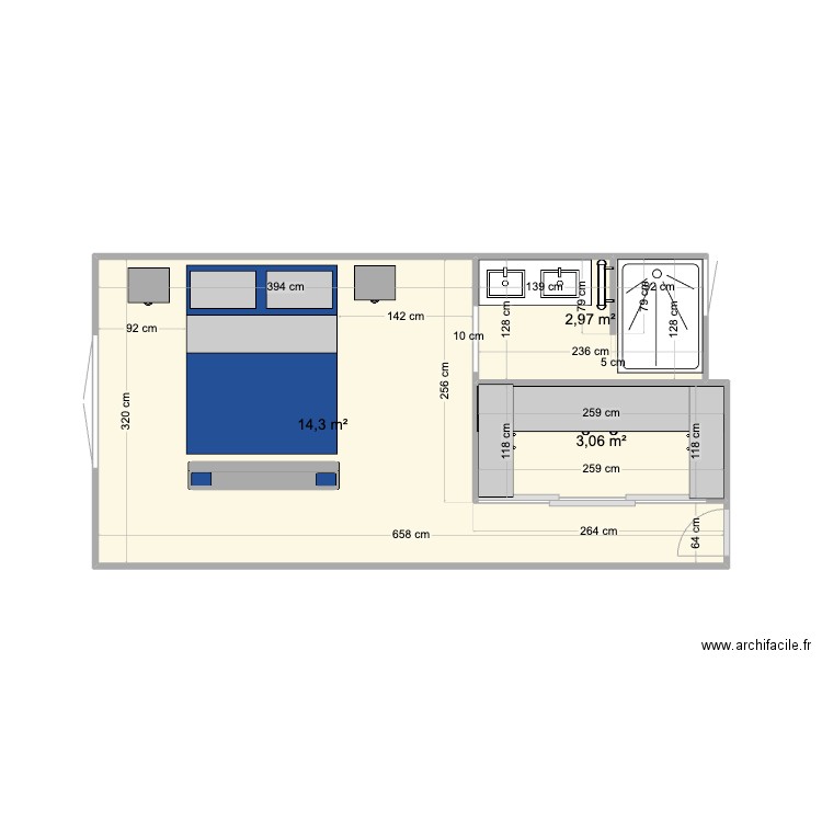 183B CHAMBRE V5. Plan de 3 pièces et 20 m2