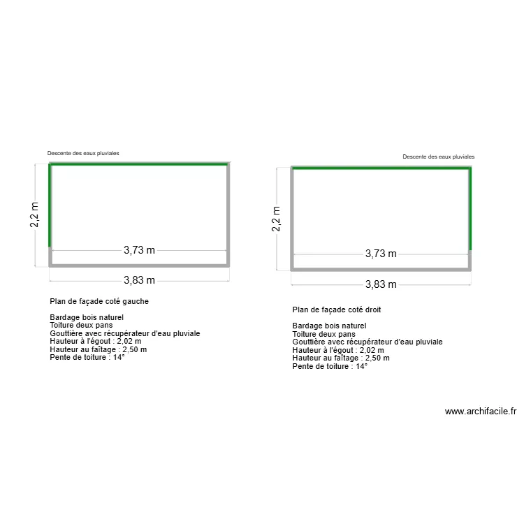 Plan de fa&ccedil;ade gaucher et droit. Plan de 2  et 16 m²