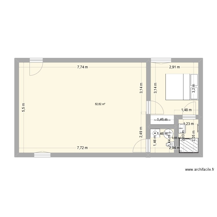 RDC Susville. Plan de 2 pièces et 57 m2