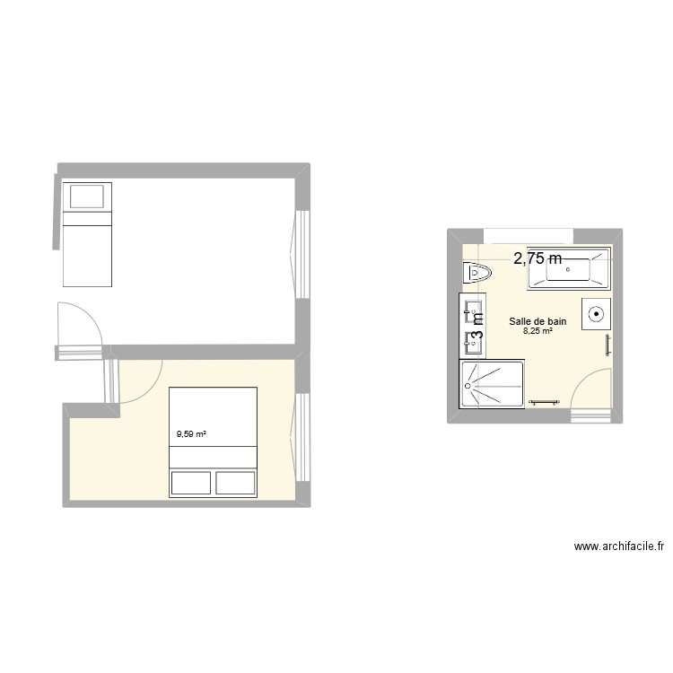 Salle de bain rdc. Plan de 2 pièces et 17 m2