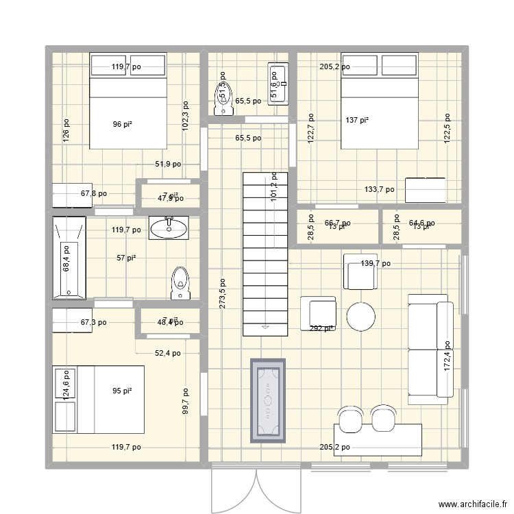 1er étage. Plan de 9 pièces et 67 m2