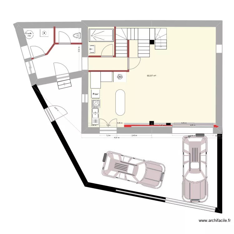 Plan RDC Porte appenti translar&eacute;e et SDB grange. Plan de 1  et 61 m²