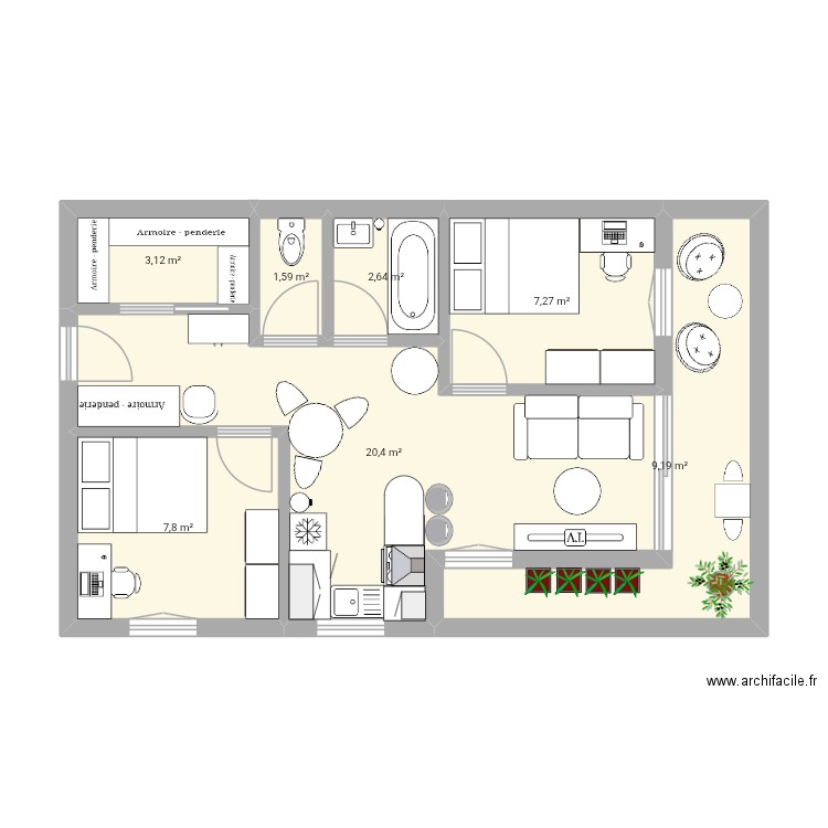 Appartement Cléa 1. Plan de 7 pièces et 52 m2