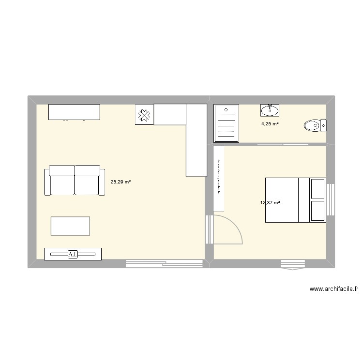Hangar. Plan de 3 pièces et 42 m2