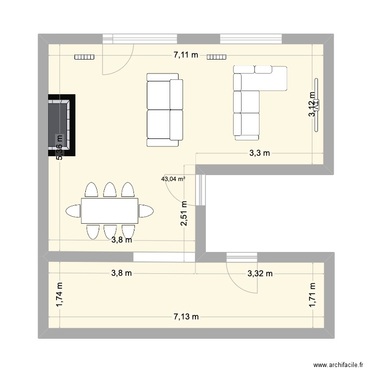 draft1. Plan de 1 pièce et 43 m2