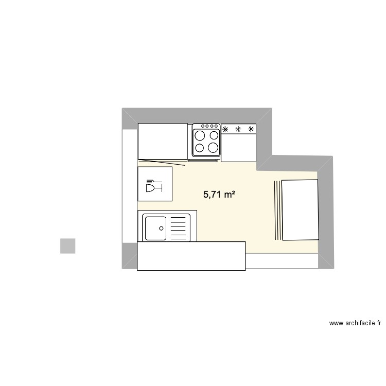 cuisine 3 m * 2,20 m. Plan de 1 pièce et 6 m2