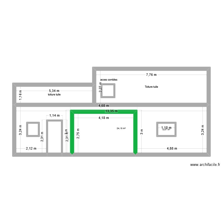 Facade cote sud avec extemsions. Plan de 8 pièces et 66 m2