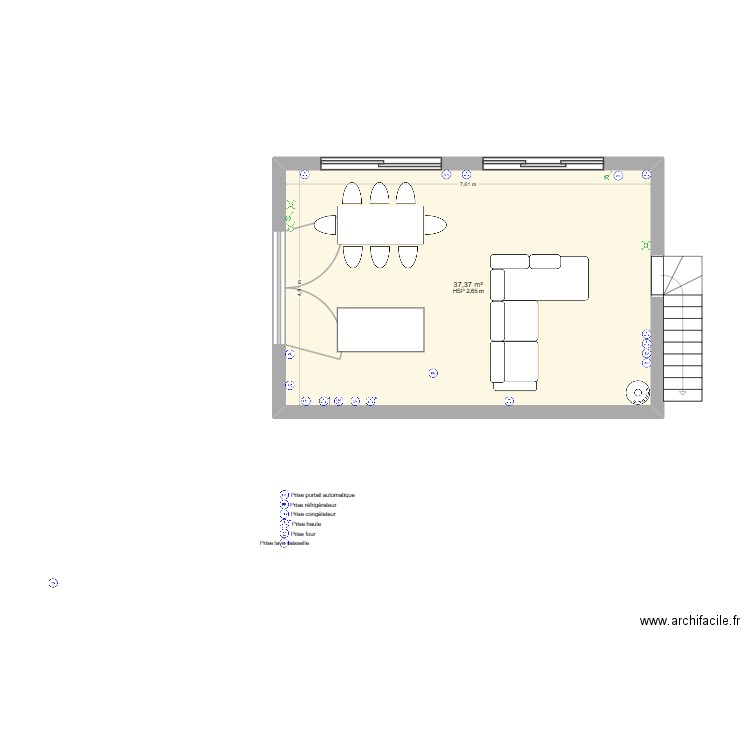 rdc maison bleu électricité. Plan de 1 pièce et 37 m2