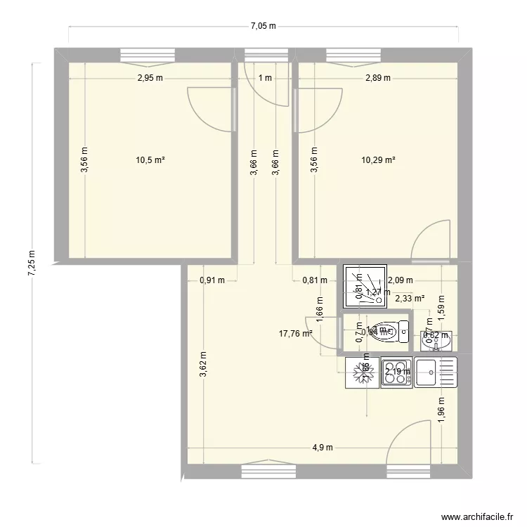 FONT RDC Trvx V04. Plan de 5 Pièces et 42 m²