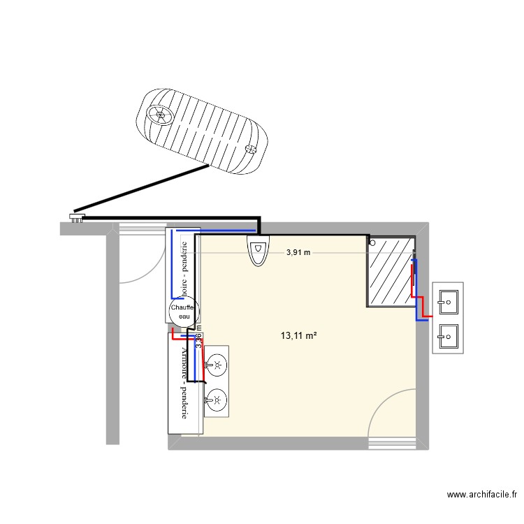 SALLE DE BAIN BRANCHEMENTS /EVACUATION. Plan de 1 pièce et 13 m2
