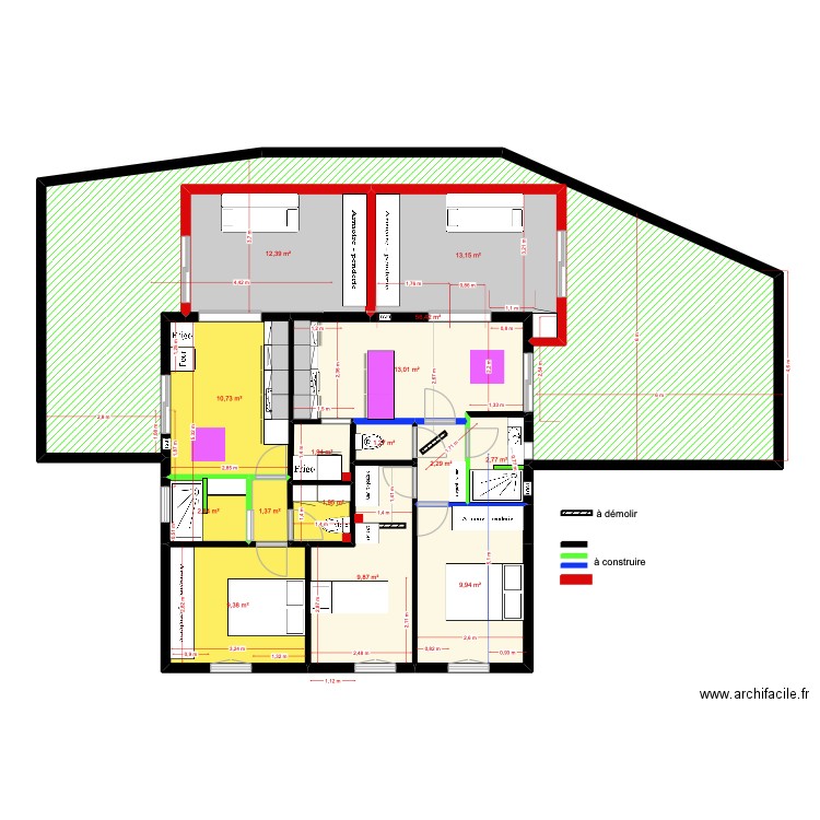 1er étage gîtes cuisine en longueur. Plan de 15 pièces et 149 m2
