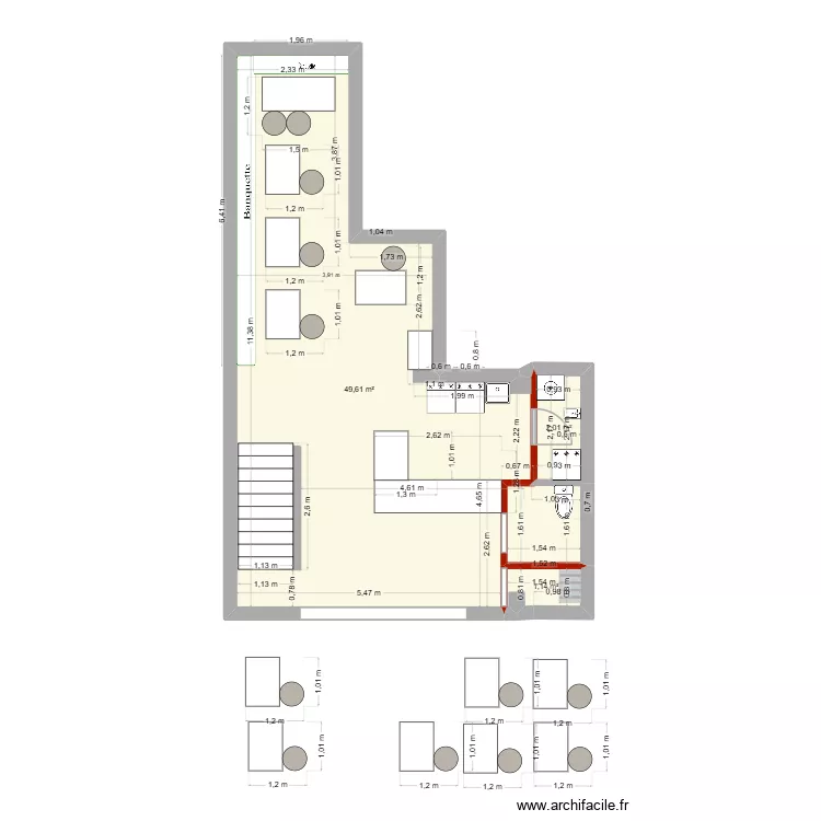 RDC Am&eacute;nag&eacute;. Plan de 3  et 53 m²
