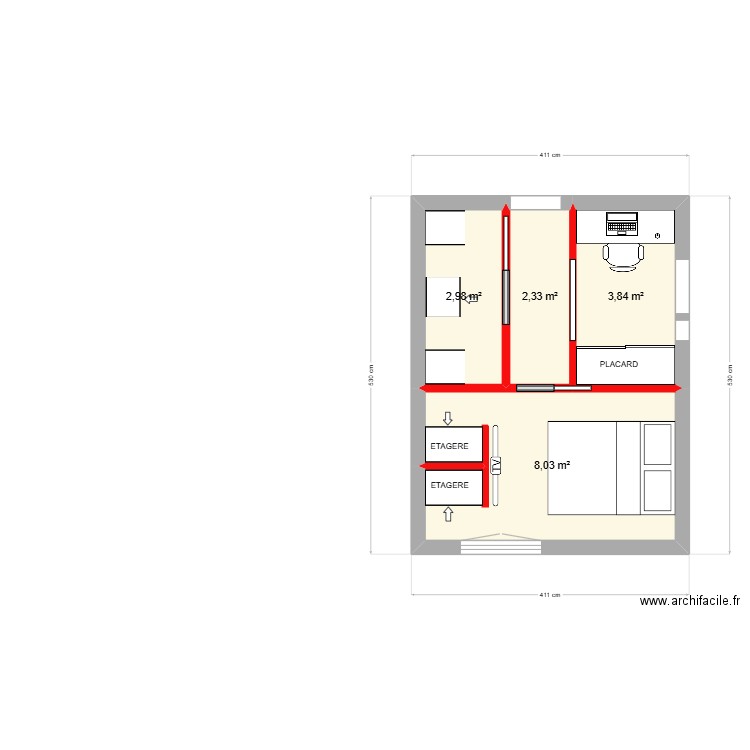 DRESSING BUREAU. Plan de 4 pièces et 17 m2