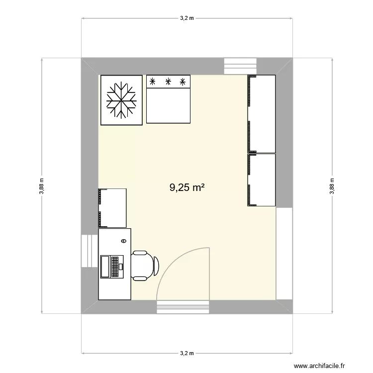 salle 2. Plan de 1  et 9 m²