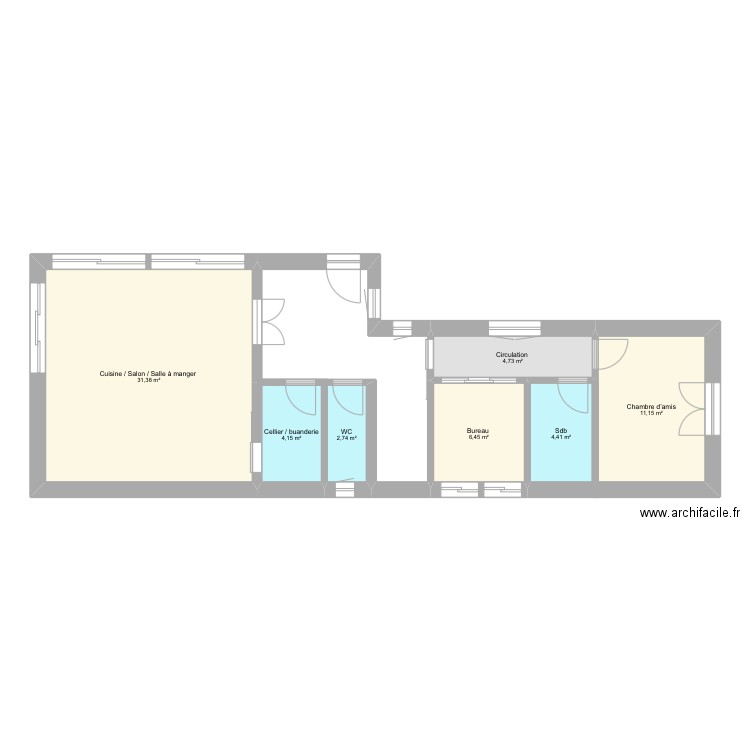 PAE 6 architecture. Plan de 7 pièces et 65 m2