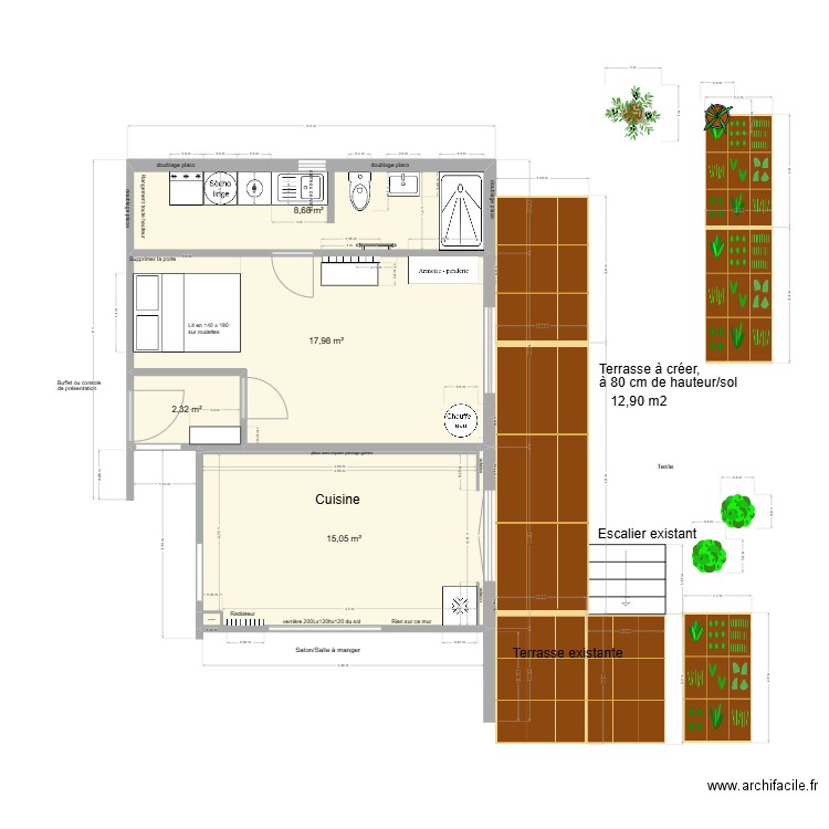 Rénovation cuisine Aigues Vives. Plan de 6 pièces et 44 m2