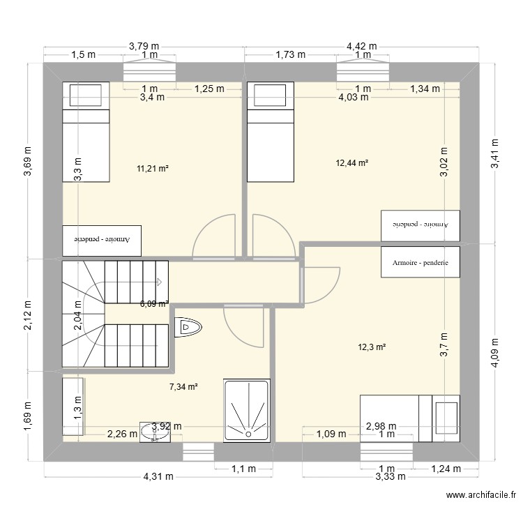 MAISON ETAGE. Plan de 5 pièces et 49 m2