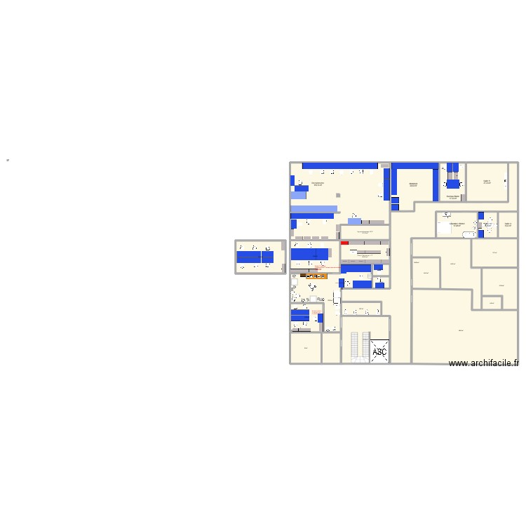 Espace réception option 1.3 avec bureau admin. Plan de 25 pièces et 774 m2