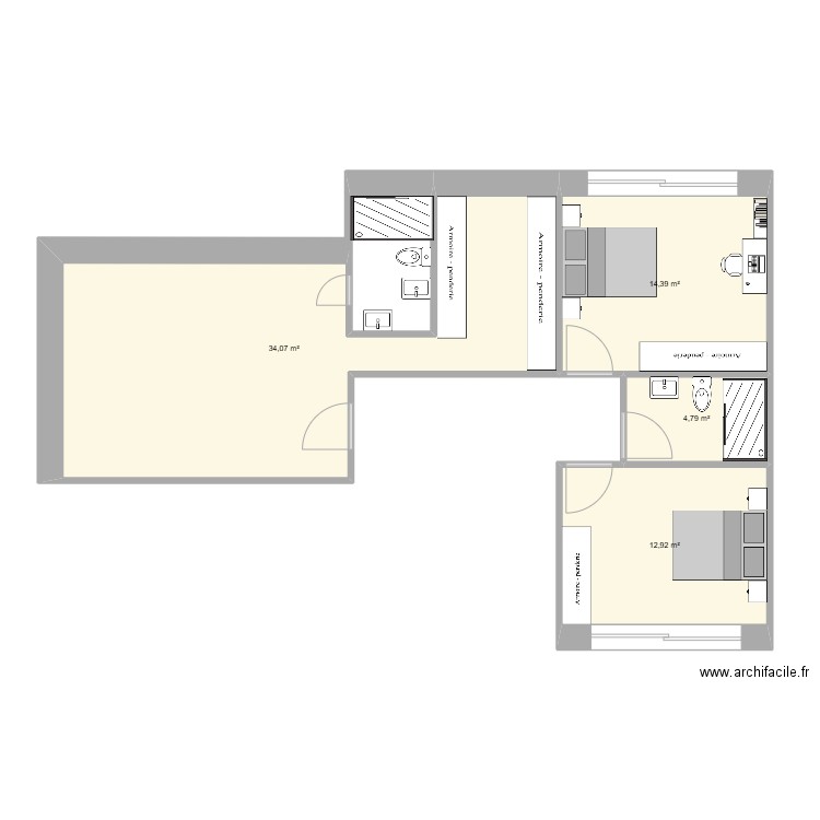 ETG01. Plan de 4 pièces et 66 m2