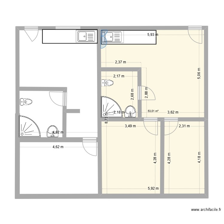 japoma 1. Plan de 1 pièce et 53 m2