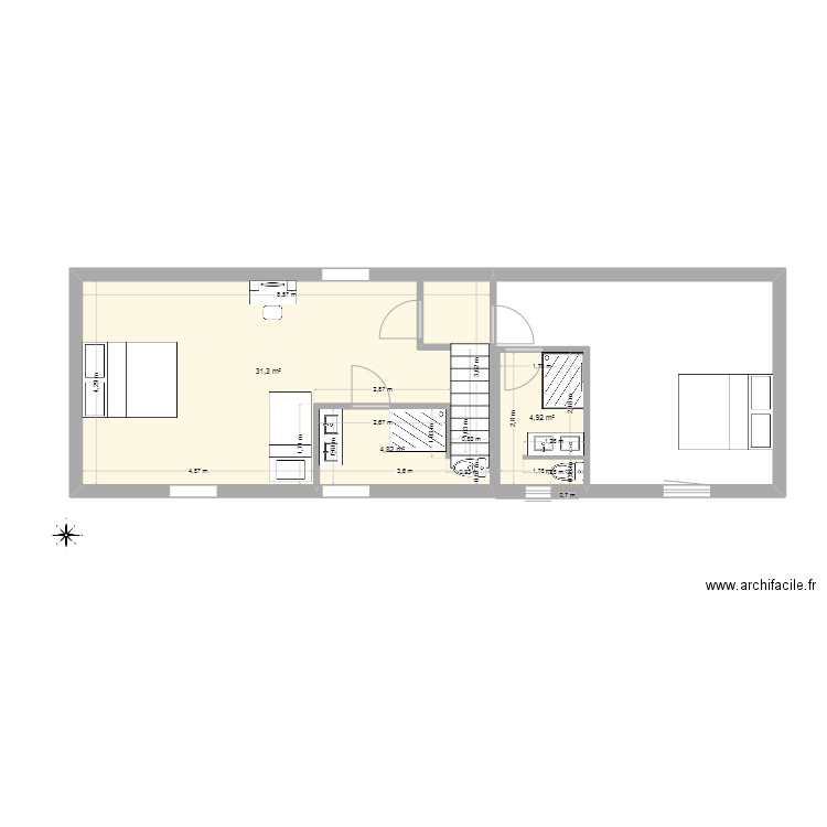 1er étage maison. Plan de 3 pièces et 41 m2
