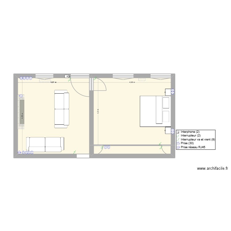 dernier plan salon et chambre. Plan de 3 pièces et 47 m2