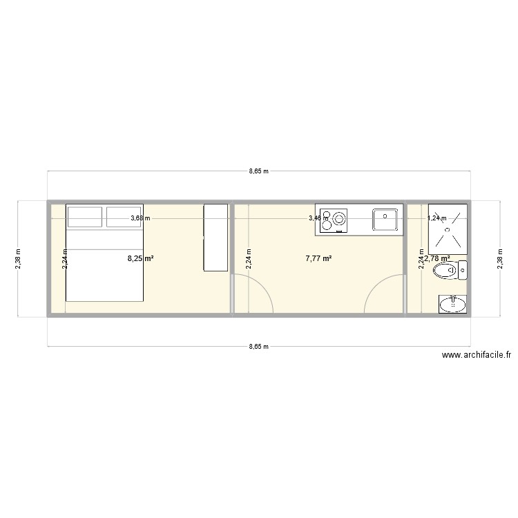 8500x2240. Plan de 3 pièces et 19 m2