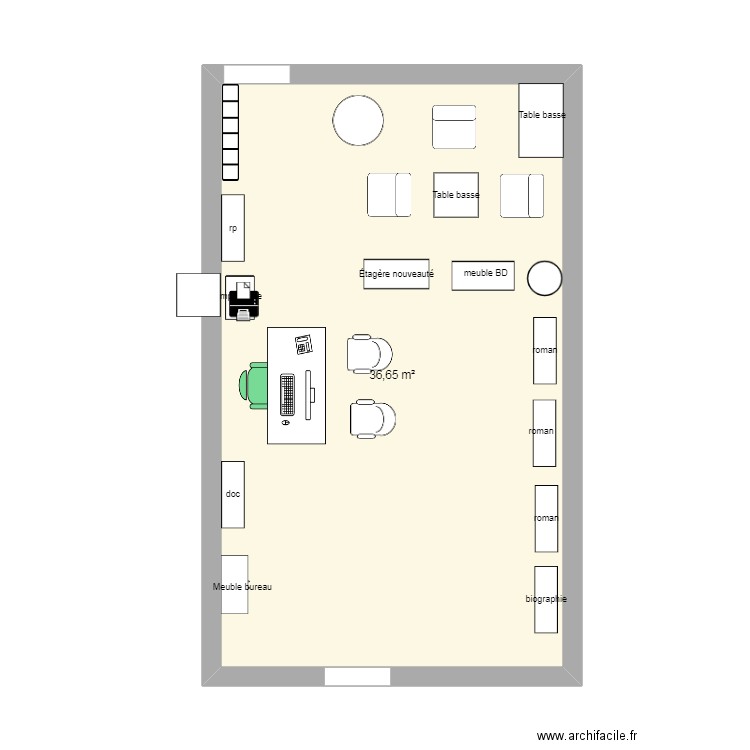 biblio. Plan de 1 pièce et 37 m2