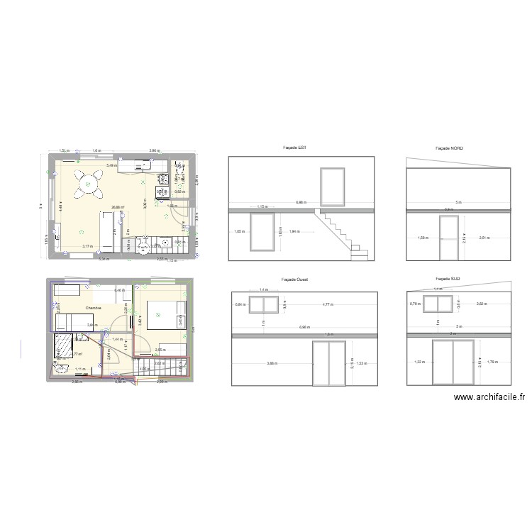 Annexe 35 m2. Plan de 5 pièces et 56 m2