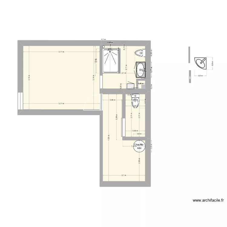Chambre - SDB. Plan de 4 et 25 m² Chambre - SDB. Plan de 4 et 25 m²