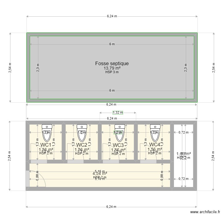 esquisse de plan latrines KKT. Plan de 7 pièces et 26 m2