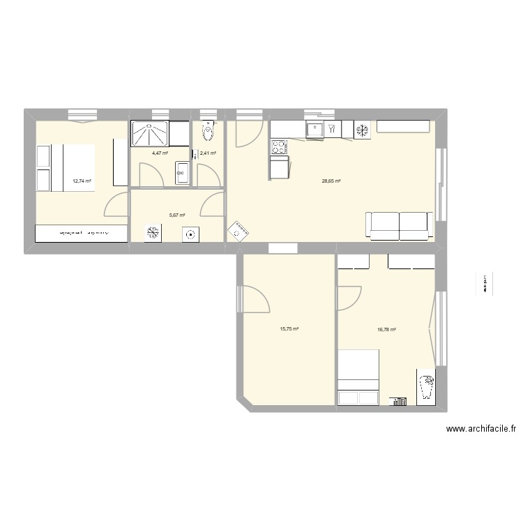 T2 avec étage. Plan de 7 pièces et 86 m2