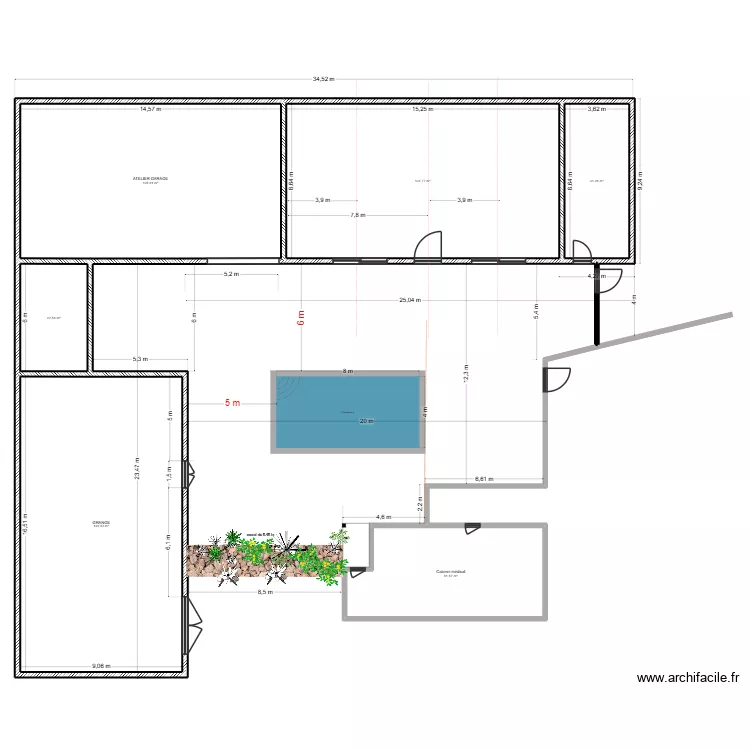 implantation piscine. Plan de 6  et 513 m²