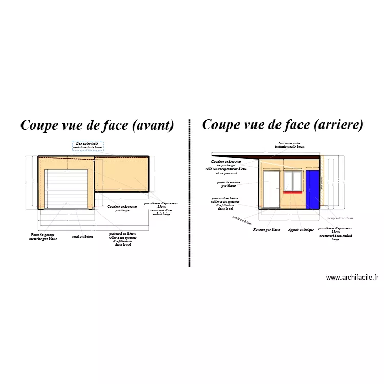 coupe vue avant et arriere Garage. Plan de 