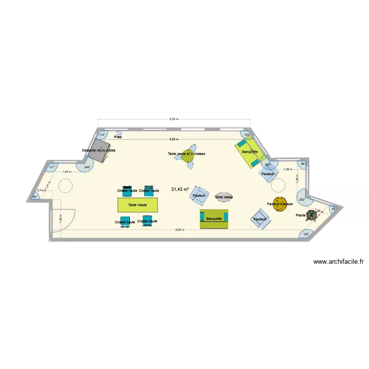 Salle convivialit&eacute; projet 3. Plan de 1  et 31 m²