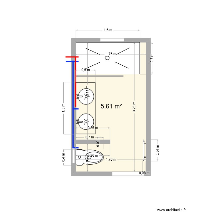 sdb. Plan de 1 pièce et 6 m2