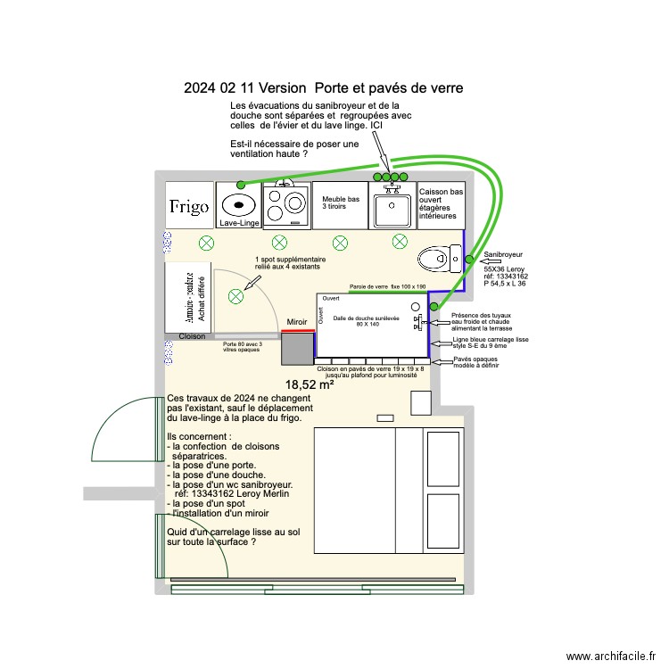 2024 02 11 avec porte et bloc de verre. Plan de 1 pièce et 19 m2