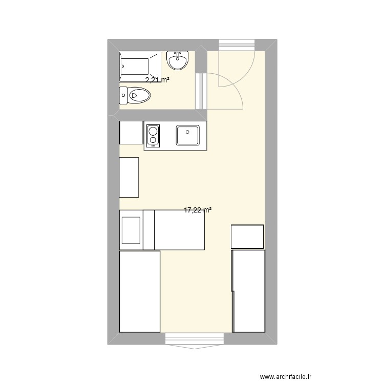 A meublé. Plan de 2 pièces et 19 m2