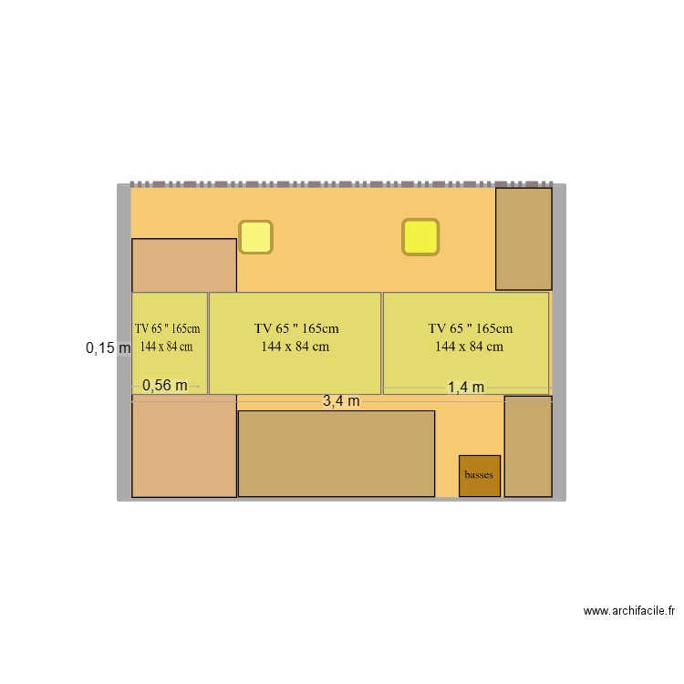 3 écrans  3 x 65  C. Plan de 1 pièce et 9 m2