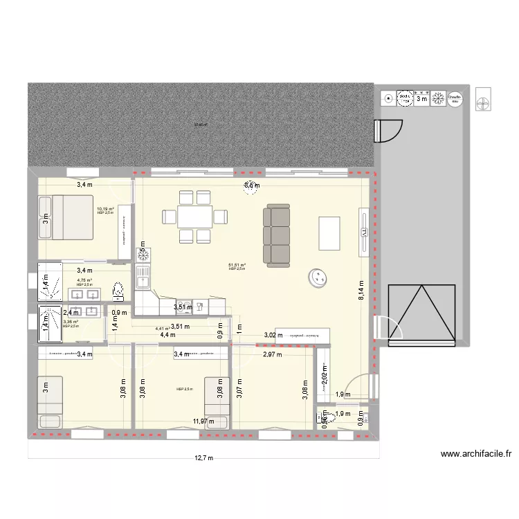 maison plein pied. Plan de 7 Pièces et 132 m²