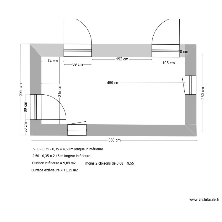PLAN coté avec doublage des murs extérieurs . Plan de 1 pièce et 10 m2