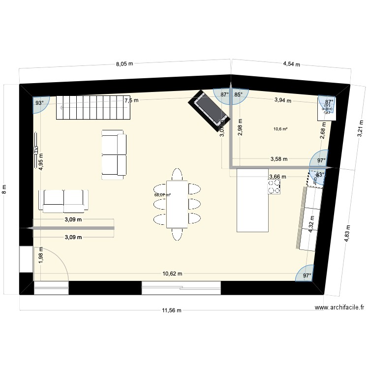 salon. Plan de 2 pièces et 79 m2