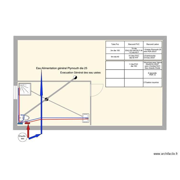 Plomberie. Plan de 1 pièce et 54 m2