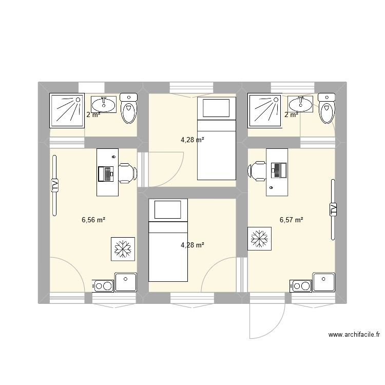 studios. Plan de 6 pièces et 26 m2
