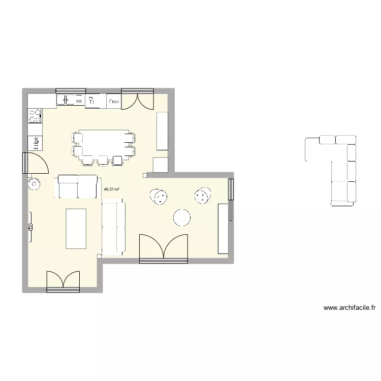 Salon-Cuisine 2 canap&eacute;. Plan de 